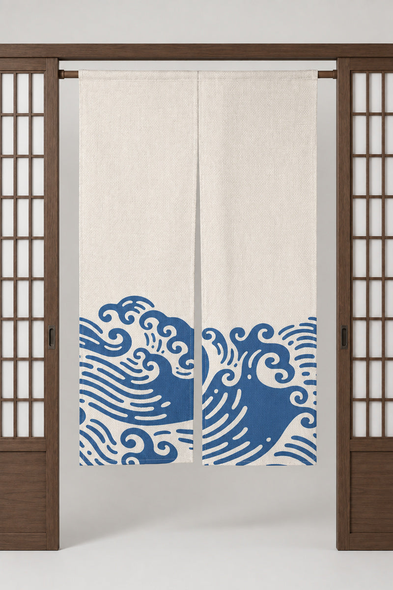 Minimal Wave Noren Curtain 'Shitanami' – cream noren with a single blue wave across the bottom, split Japanese noren door curtain hung on a rod between sliding screens, studio view
