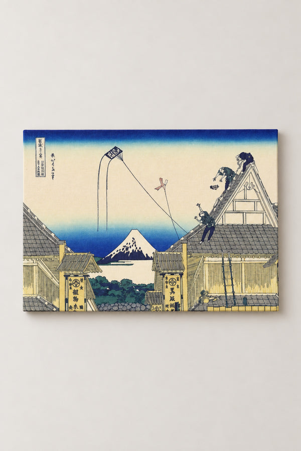 Mitsui Shop Edo Japanese Print 'Surugacho' – Mitsui Shop at Suruga-cho, roofers and a kite over Fuji from Hokusai's Thirty-six Views of Mount Fuji, ukiyo-e canvas print on wooden frame, Japanese wall art, studio view