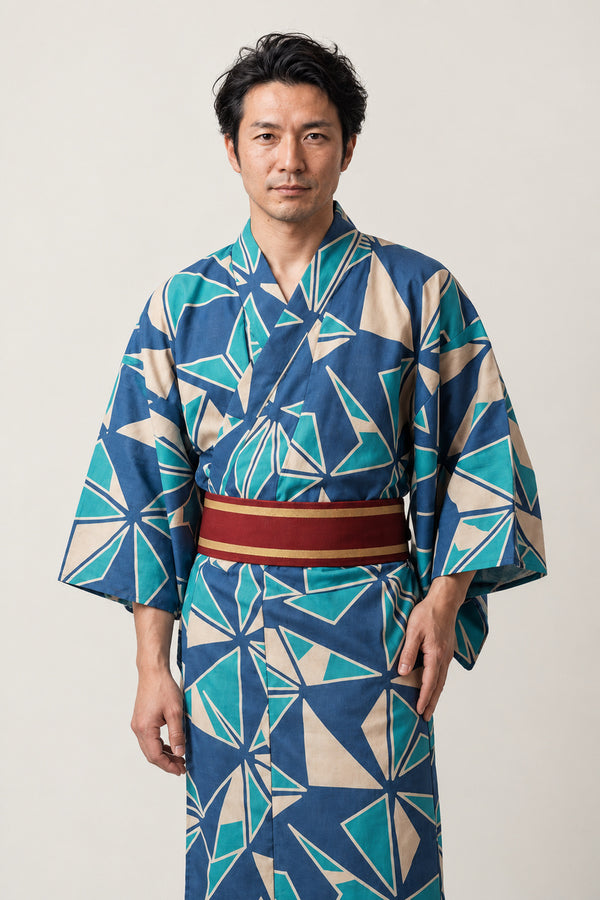 Modern Geometric Kimono 'Origata' – navy men's kimono with modern teal and cream geometric triangle print and obi belt, Japanese yukata robe, front view on model