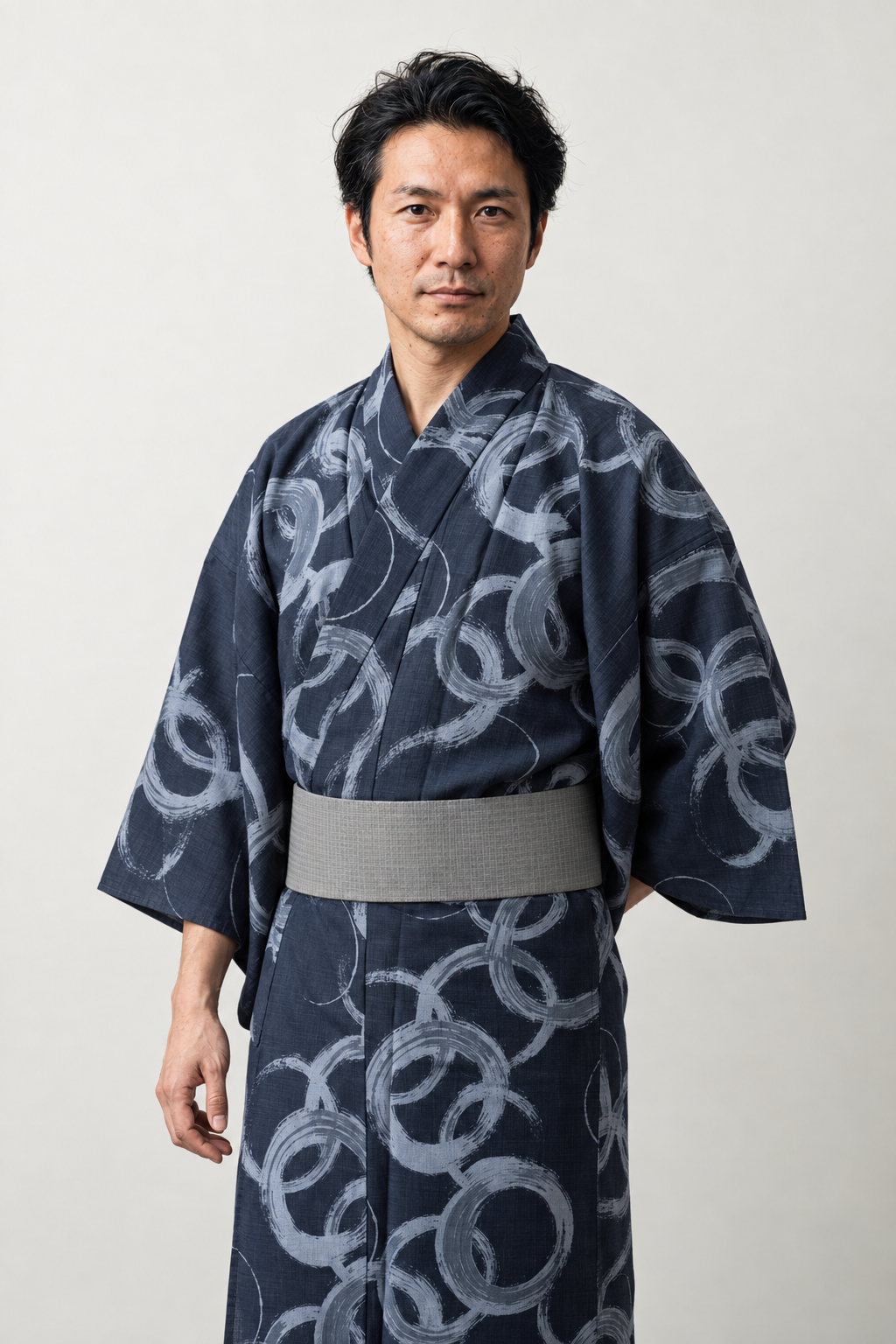 Modern Men's Kimono 'Enso' – navy men's kimono with grey enso circle brush print and grey obi belt, modern Japanese yukata robe, front view on model