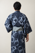 Modern Men's Kimono 'Enso' – back view of navy enso circle print men's kimono with obi