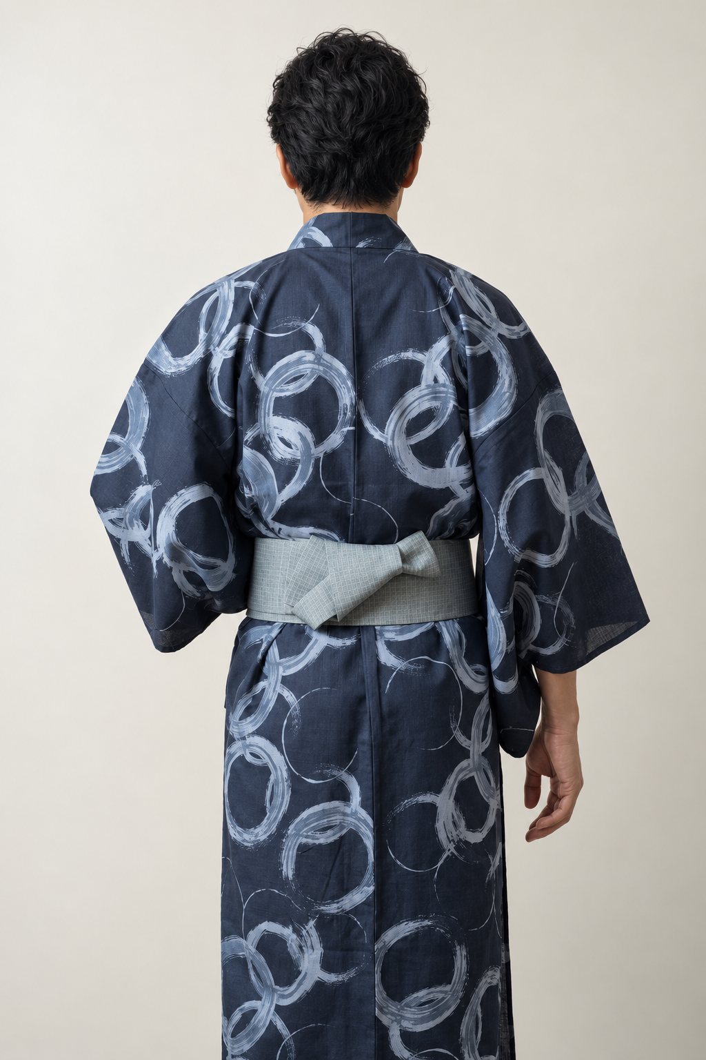 Modern Men's Kimono 'Enso' – back view of navy enso circle print men's kimono with obi