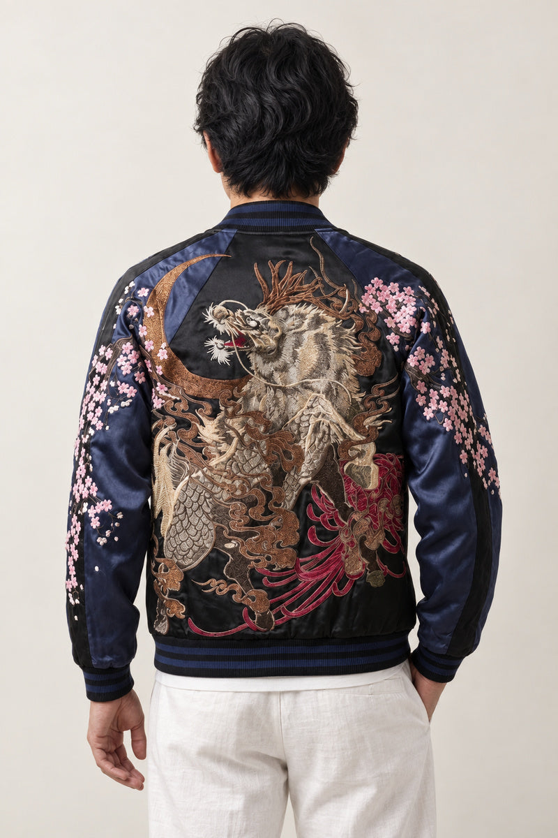 Moon and Blossom Sukajan 'Mikazuki' – back view of the black and navy version, embroidered dragon, moon and sakura on the back