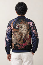 Moon and Blossom Sukajan 'Mikazuki' – back view of the black and navy version, embroidered dragon, moon and sakura on the back