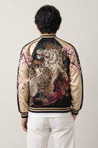 Moon and Blossom Sukajan 'Mikazuki' – back view of the black and cream version, embroidered dragon under a crescent moon on the back