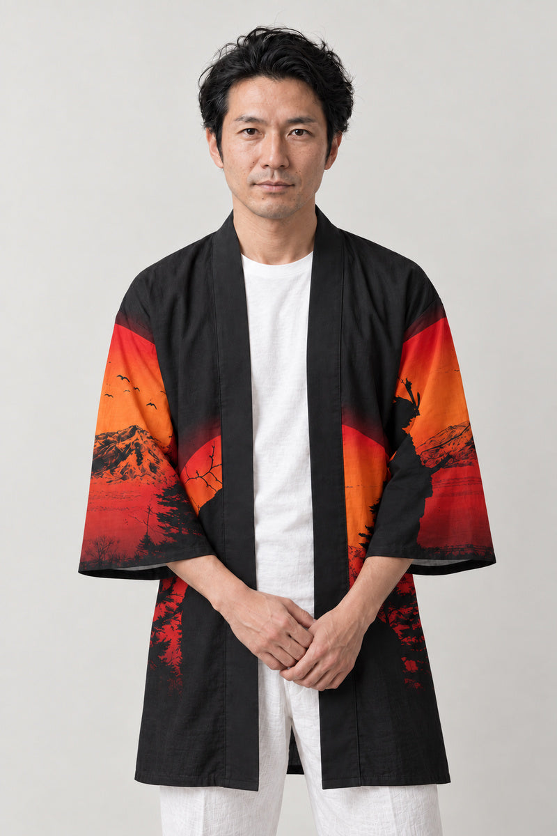 Mountain Sunset Happi Coat 'Yuyake' – black happi coat with orange mountain sunset landscape print, Japanese happi coat, unisex festival jacket, front view on model