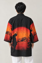 Mountain Sunset Happi Coat 'Yuyake' – back view of black happi coat showing the Mount Fuji sunset scene print