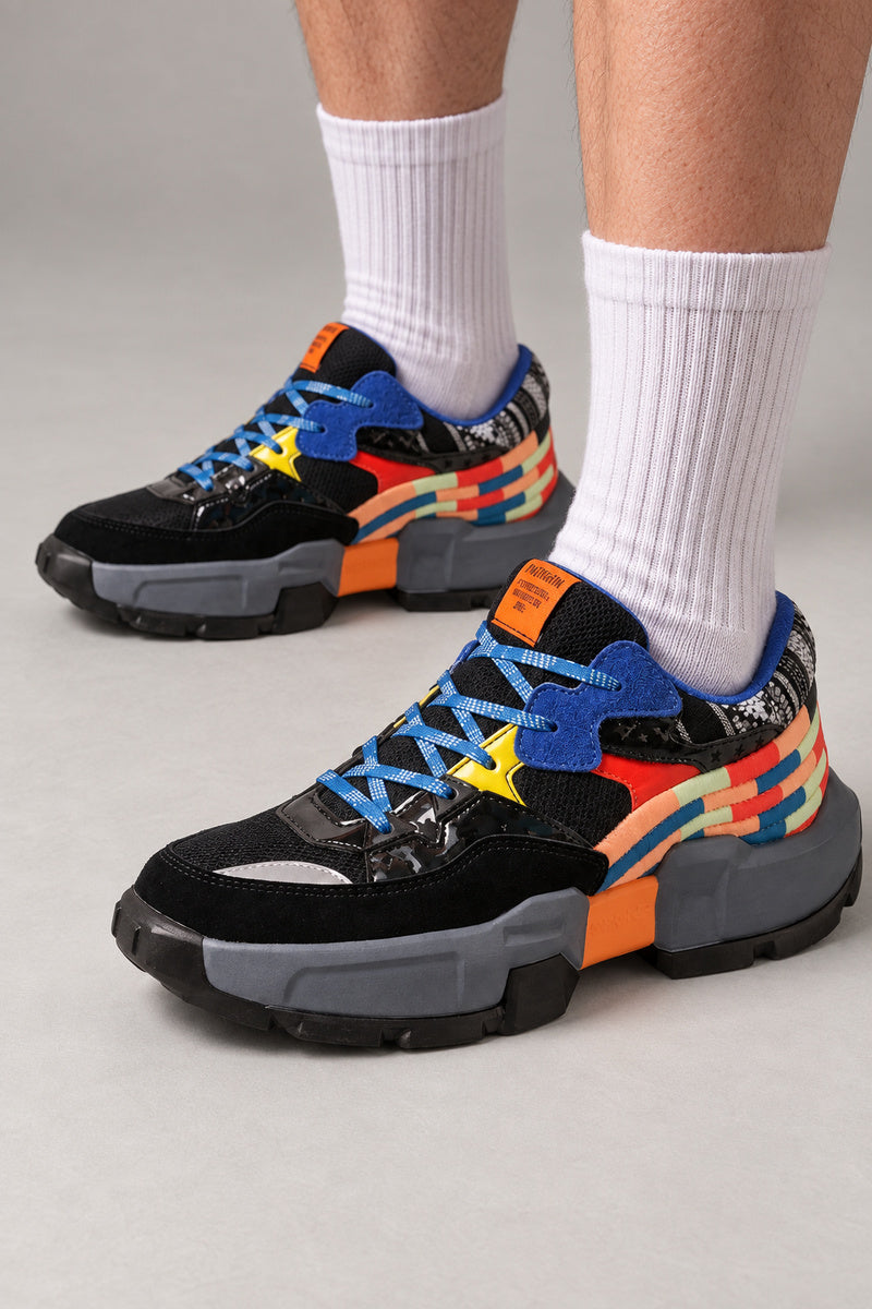 Multicolour Patchwork Sneakers 'Iroasobi' – black version of the patchwork sneakers with rainbow stripe and yellow star, Japanese streetwear sneakers worn with white socks, on model