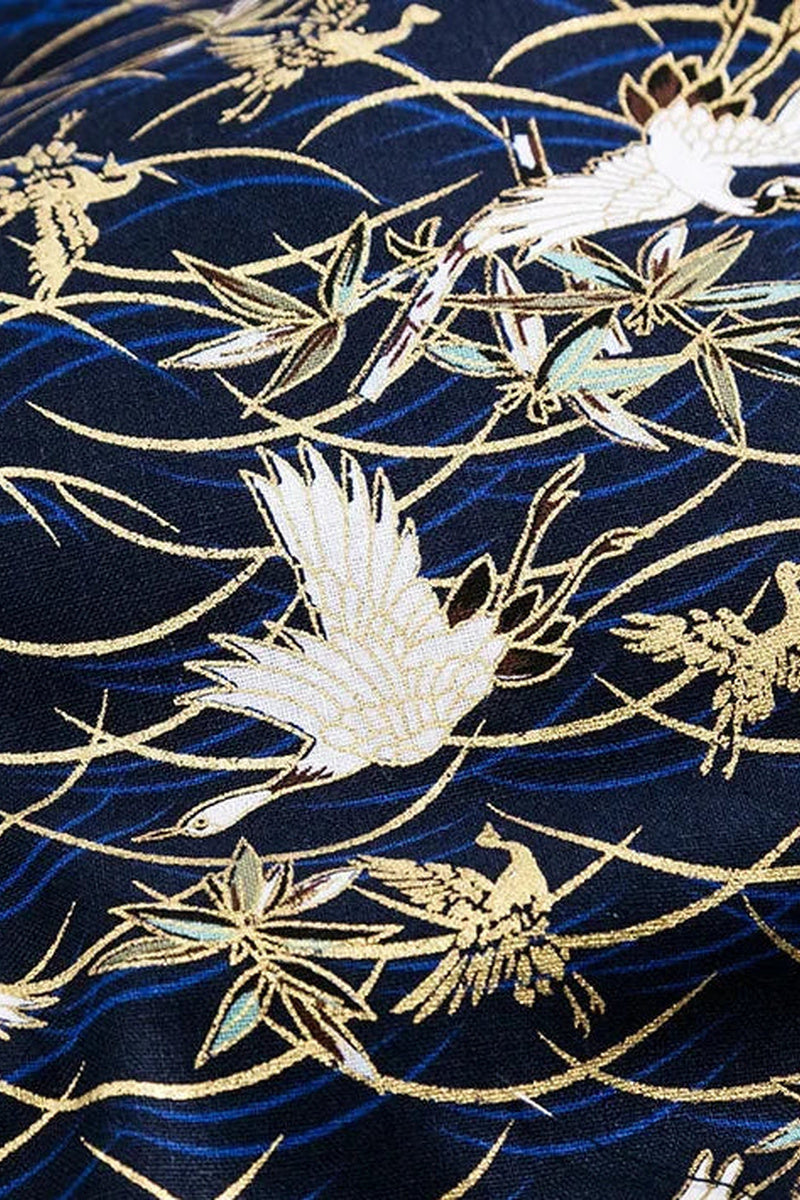 Navy Crane Furoshiki Cloth 'Tsurunami' – navy furoshiki printed with cranes and bamboo in gold line on fine waves, Japanese furoshiki wrapping cloth 50 by 145 cm, close-up of the print