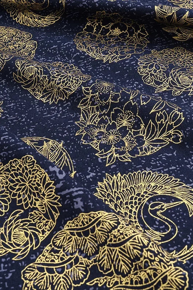 Navy Gold Floral Furoshiki 'Konkinka' – navy furoshiki printed with peonies, chrysanthemums and a peacock in gold line, Japanese furoshiki wrapping cloth 50 by 145 cm, close-up of the print