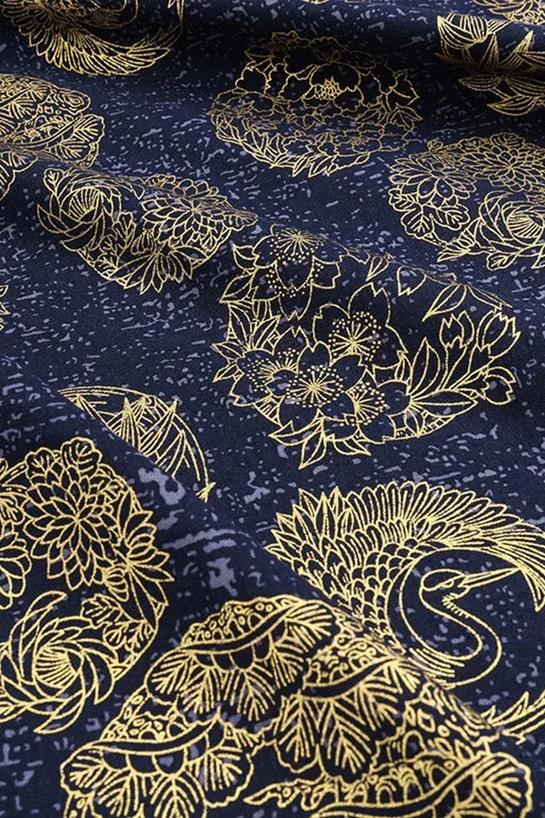 Navy Gold Floral Furoshiki 'Konkinka' – navy furoshiki printed with peonies, chrysanthemums and a peacock in gold line, Japanese furoshiki wrapping cloth 50 by 145 cm, close-up of the print