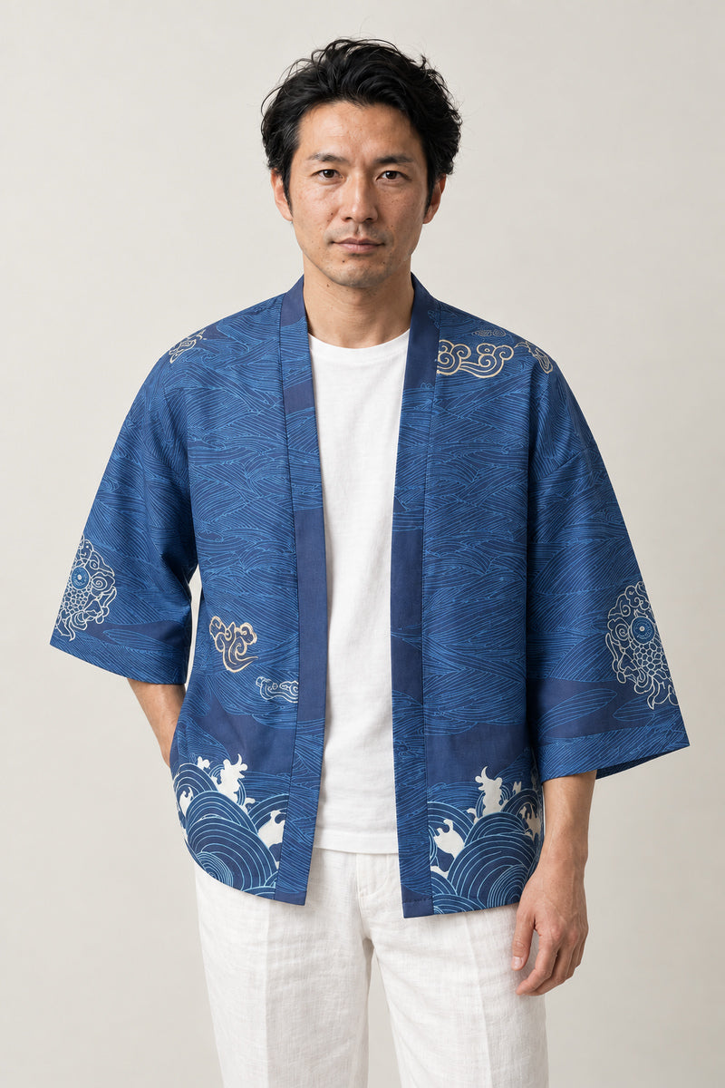 Navy Great Crane Kimono Jacket 'Maizuru' – navy blue Japanese kimono jacket with large white crane and cloud print, unisex haori cardigan, front view on model