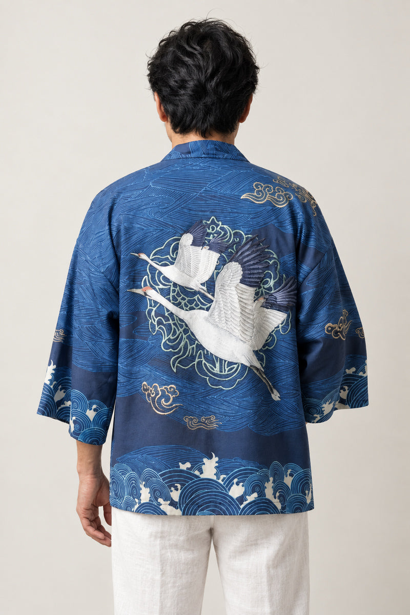 Navy Great Crane Kimono Jacket 'Maizuru' – back view of navy kimono jacket showing the great white crane in flight print