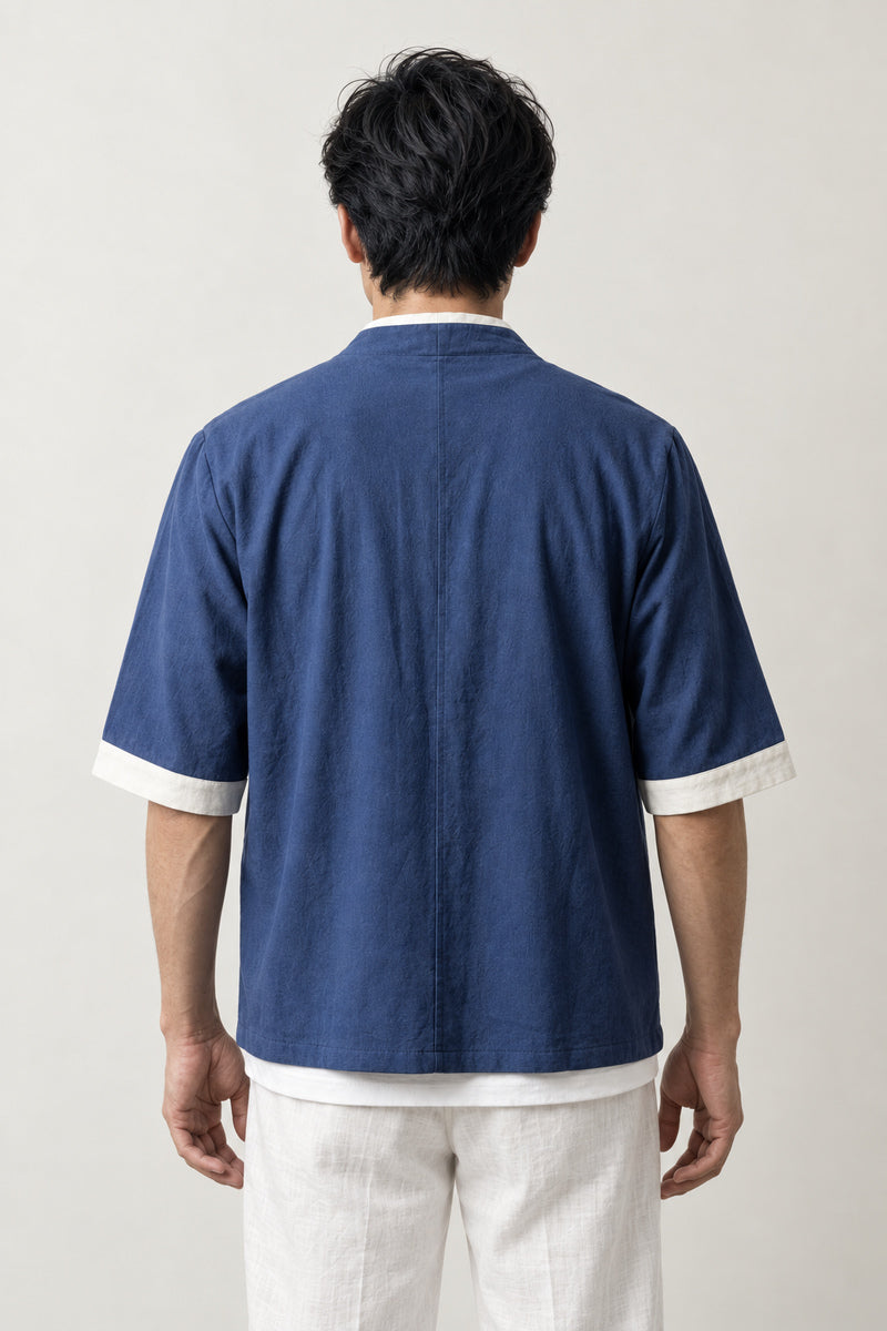 Navy Noragi Style Jacket 'Shokunin' – back view of navy noragi kimono jacket, Japanese workwear haori