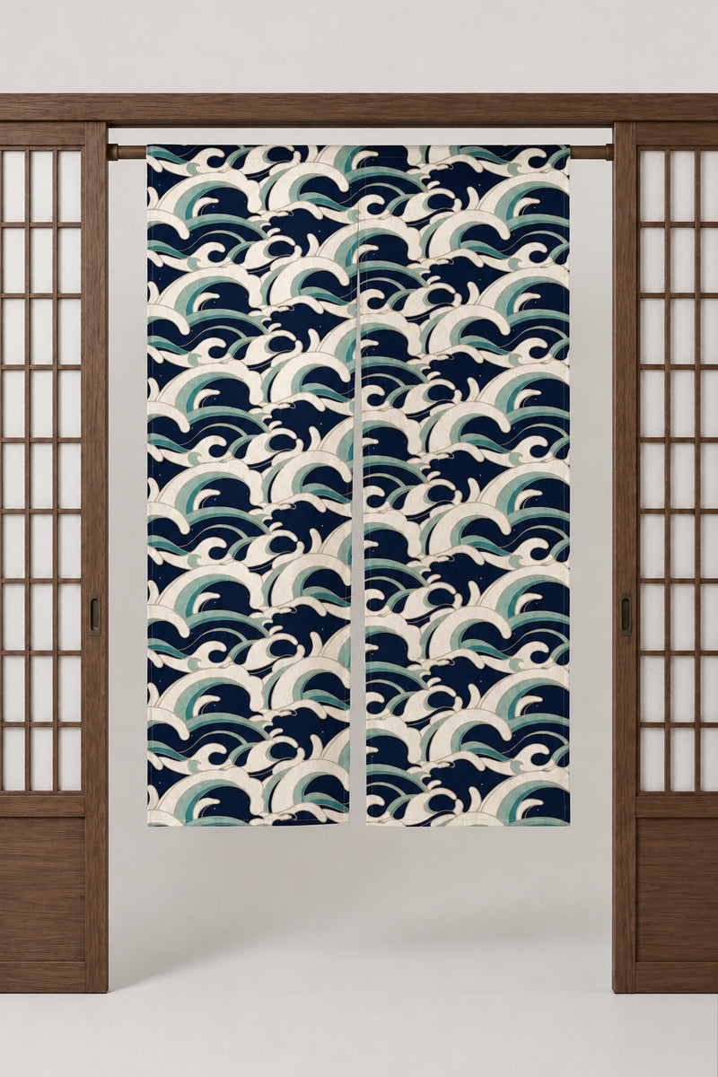 Navy Turquoise Wave Noren 'Shiobuki' – navy noren with turquoise and cream waves in tight rows, split Japanese noren door curtain hung on a rod between sliding screens, studio view