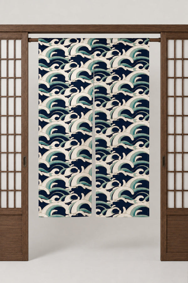 Navy Turquoise Wave Noren 'Shiobuki' – navy noren with turquoise and cream waves in tight rows, split Japanese noren door curtain hung on a rod between sliding screens, studio view