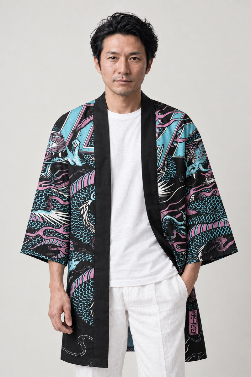 Neon Tokyo Dragon Happi Coat 'Yakei' – black happi coat with neon teal and pink Tokyo dragon print, Japanese happi coat, unisex festival jacket, front view on model