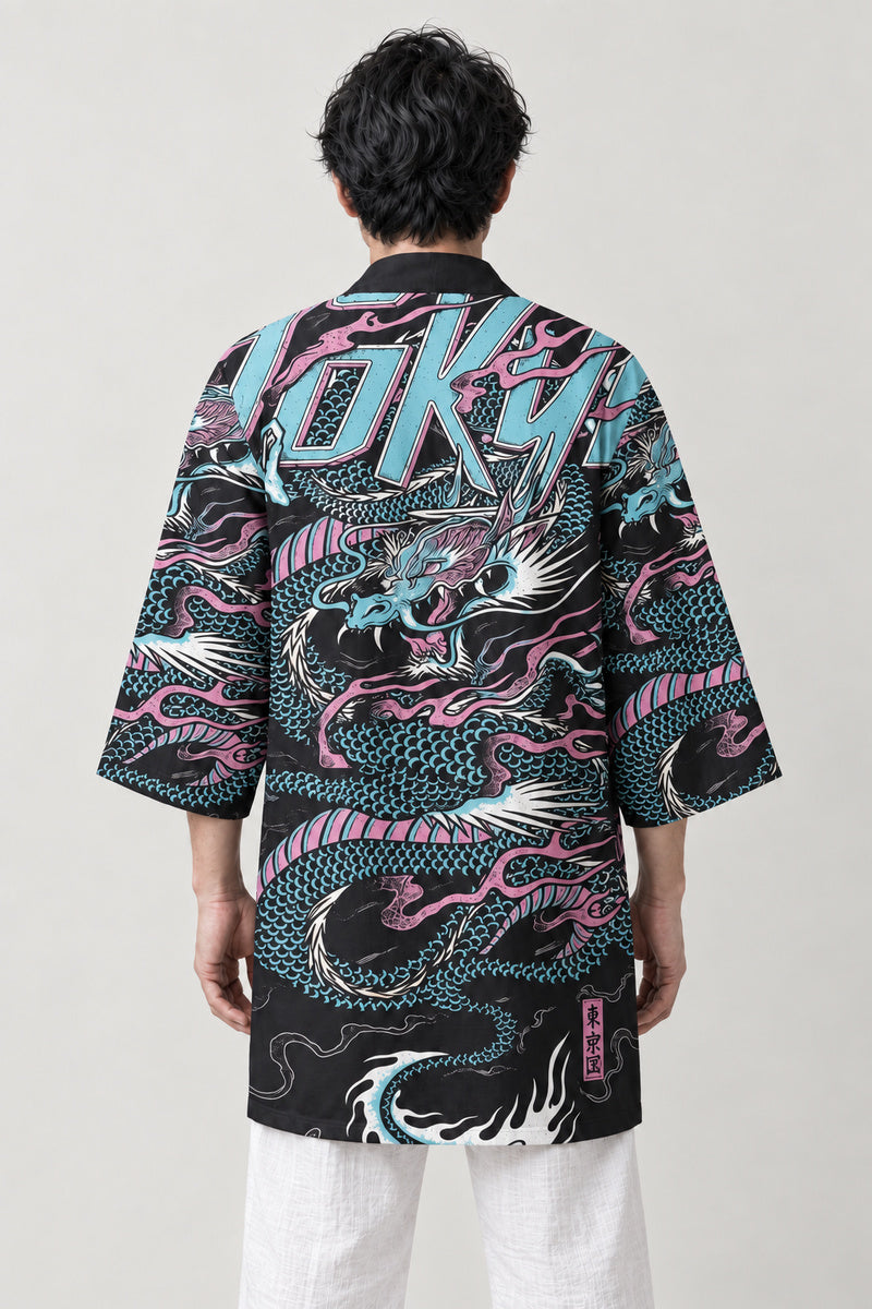 Neon Tokyo Dragon Happi Coat 'Yakei' – back view of black happi coat showing the neon dragon and Tokyo night print