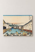 Nihonbashi Edo Ukiyo-e Print 'Nihonbashi' – Nihonbashi in Edo, crowd on the bridge and warehouses with Fuji beyond from Hokusai's Thirty-six Views of Mount Fuji, ukiyo-e canvas print on wooden frame, Japanese wall art, studio view