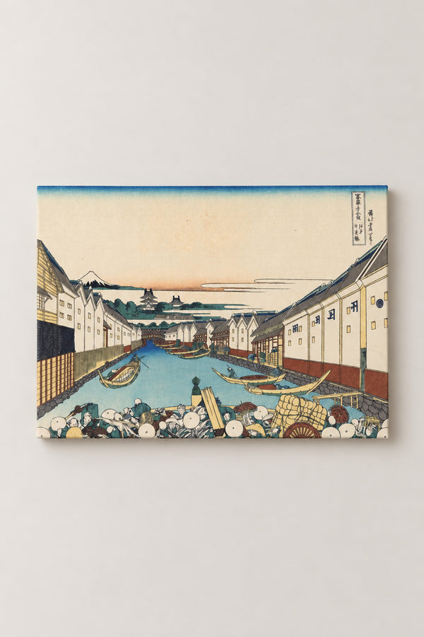 Nihonbashi Edo Ukiyo-e Print 'Nihonbashi' – Nihonbashi in Edo, crowd on the bridge and warehouses with Fuji beyond from Hokusai's Thirty-six Views of Mount Fuji, ukiyo-e canvas print on wooden frame, Japanese wall art, studio view