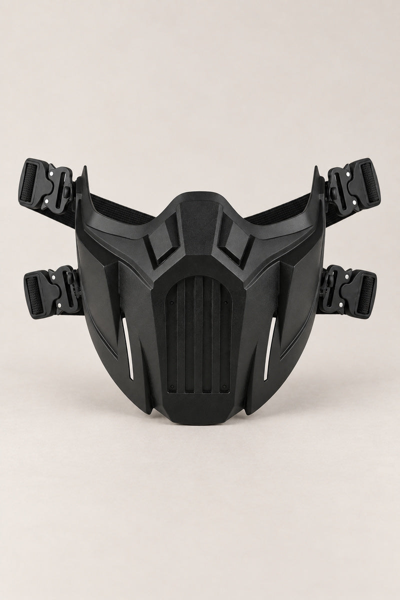 Ninja Mask 'Kagemusha' – black lower face ninja mask with vents and adjustable strap harness, tactical half mask, studio view