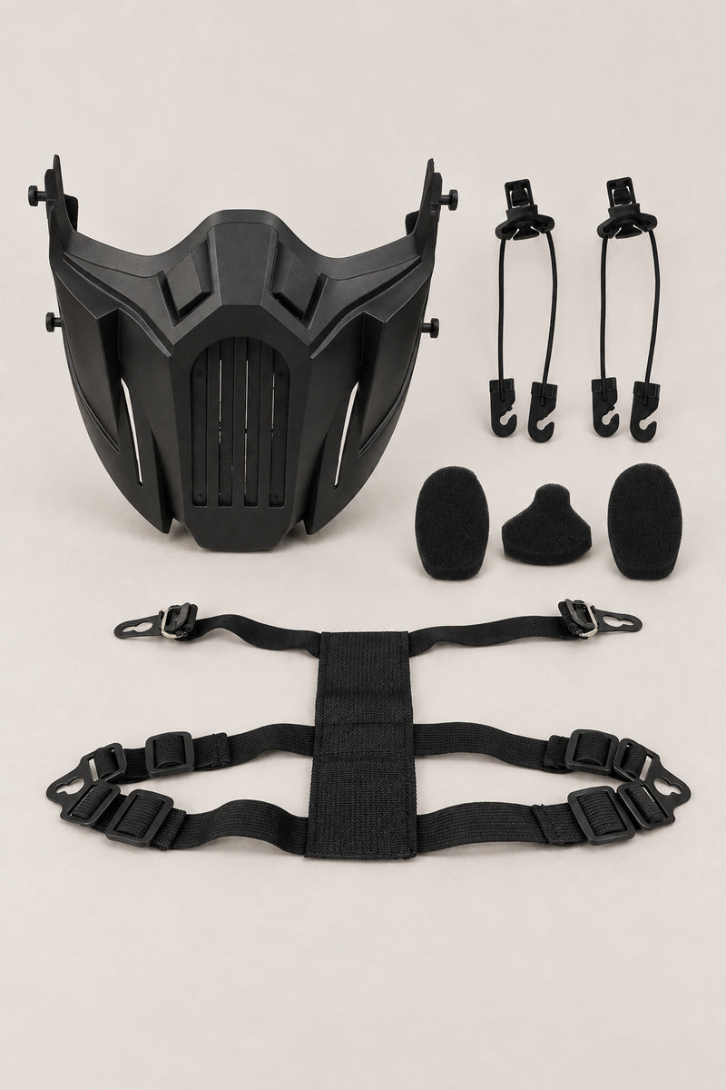 Ninja Mask 'Kagemusha' – ninja mask kit laid out with foam pads, strap harness and helmet clips