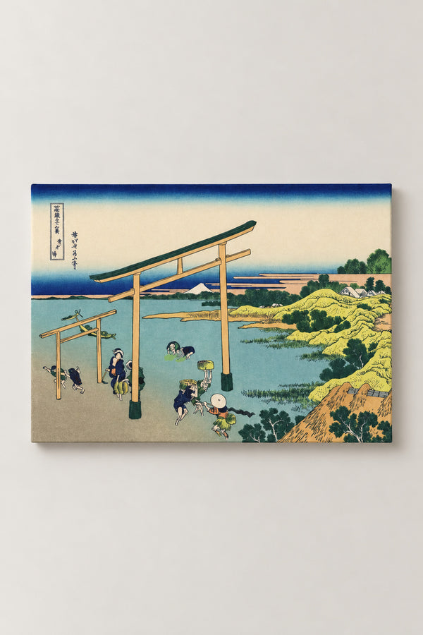 Noboto Bay Torii Japanese Print 'Noboto' – The Bay at Noboto, two torii gates in shallow water with shell gatherers from Hokusai's Thirty-six Views of Mount Fuji, ukiyo-e canvas print on wooden frame, Japanese wall art, studio view