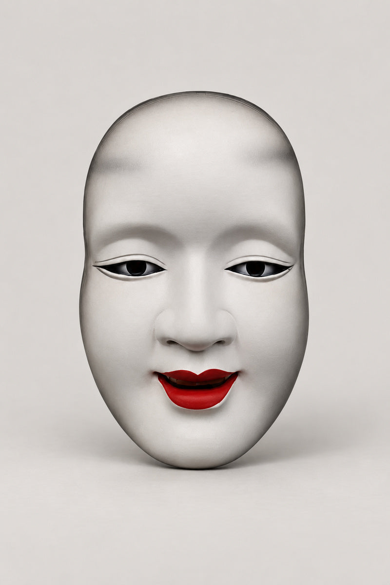 Noh Mask 'Koomote' – white Noh mask of a young woman with high painted brows, narrow eyes and red lips, Japanese ko-omote mask, studio view