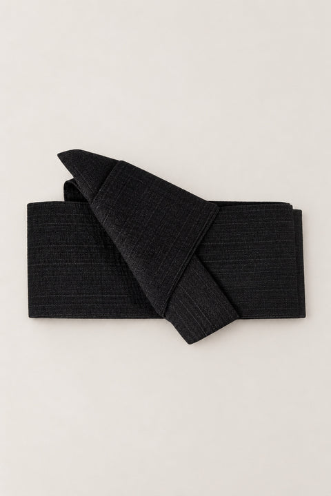 Obi Belt for Kimono 'Kuromuji' – plain black ribbed weave obi belt, narrow pre-tied Japanese obi belt with sewn knot and hidden adjustable closure, for kimono, yukata or jinbei, studio view