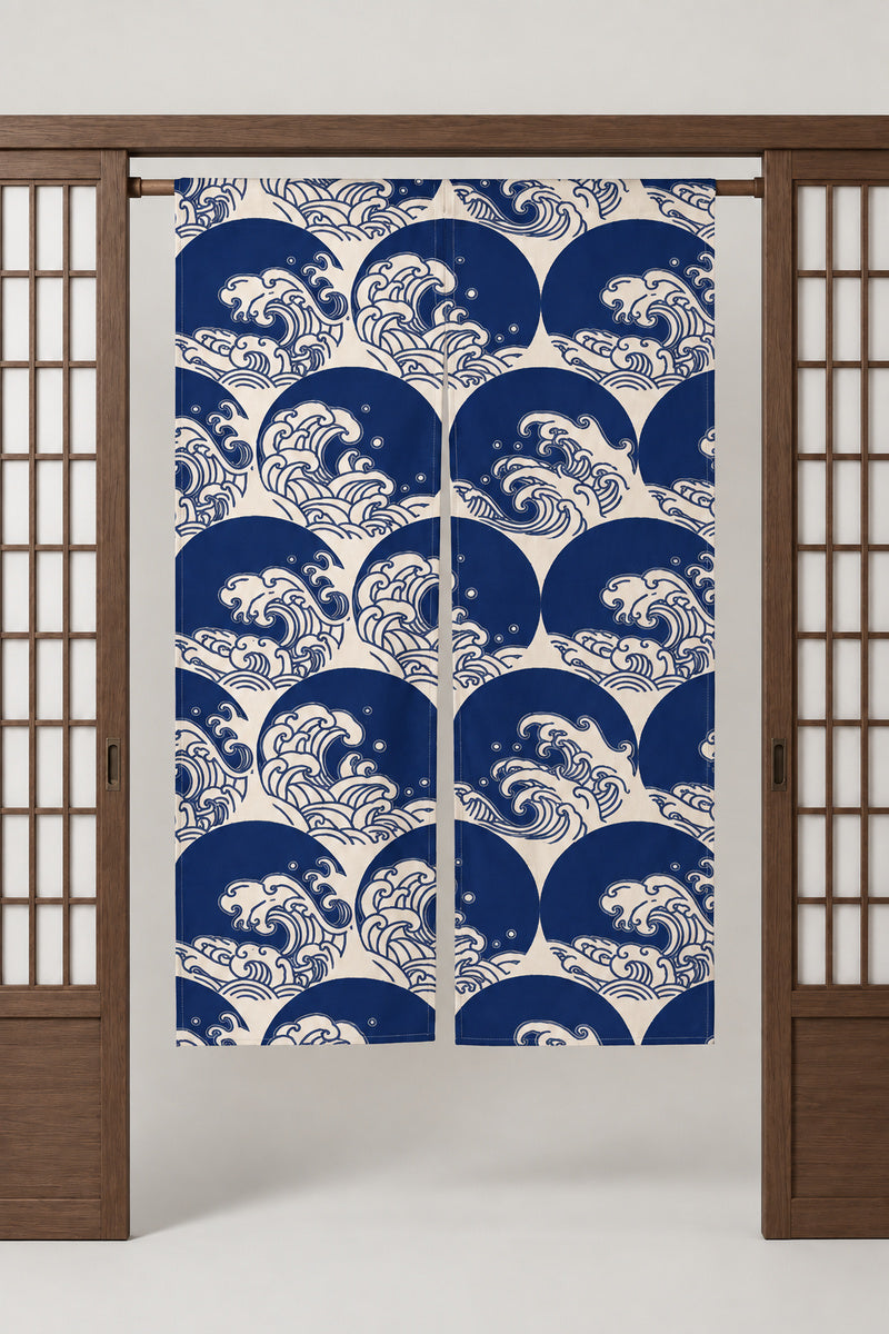 Ocean Wave Japanese Door Curtain 'Oonami' – deep blue noren with round curling waves and white spray, split Japanese noren door curtain hung on a rod between sliding screens, studio view