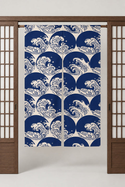 Ocean Wave Japanese Door Curtain 'Oonami' – deep blue noren with round curling waves and white spray, split Japanese noren door curtain hung on a rod between sliding screens, studio view