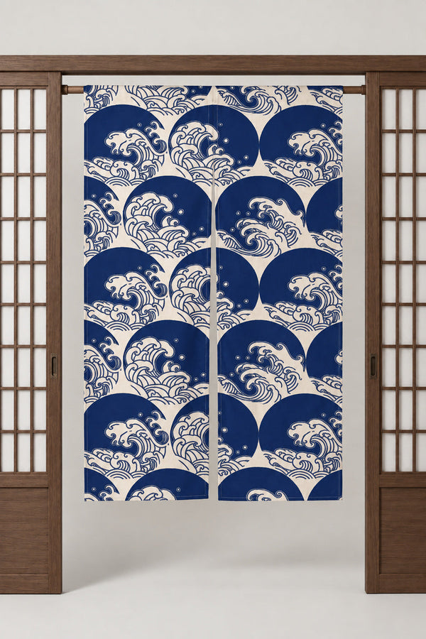 Ocean Wave Japanese Door Curtain 'Oonami' – deep blue noren with round curling waves and white spray, split Japanese noren door curtain hung on a rod between sliding screens, studio view