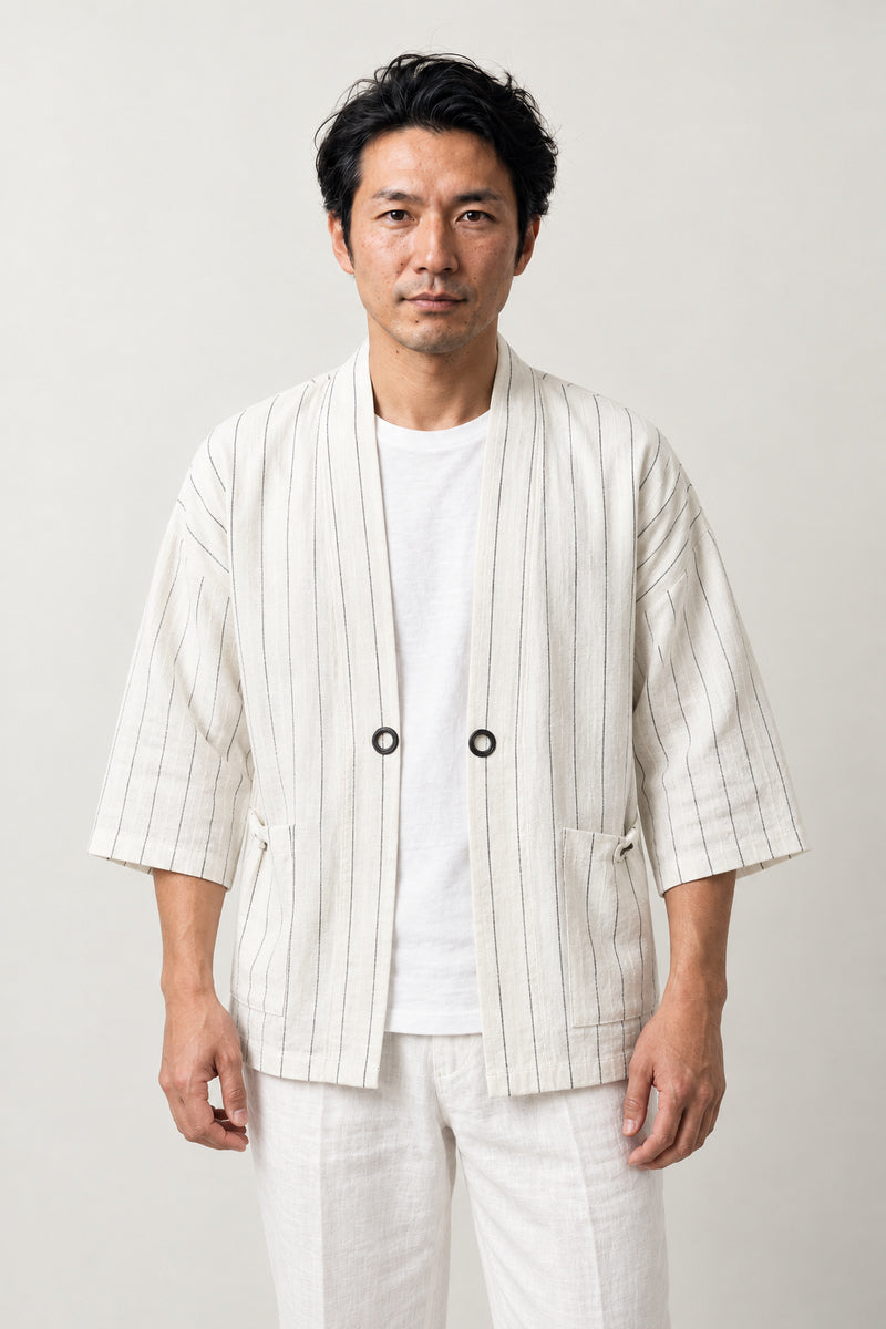 Off-White Striped Kimono Jacket 'Mansuji' – off-white striped Japanese kimono jacket with front buttons, unisex haori style cardigan, front view on model