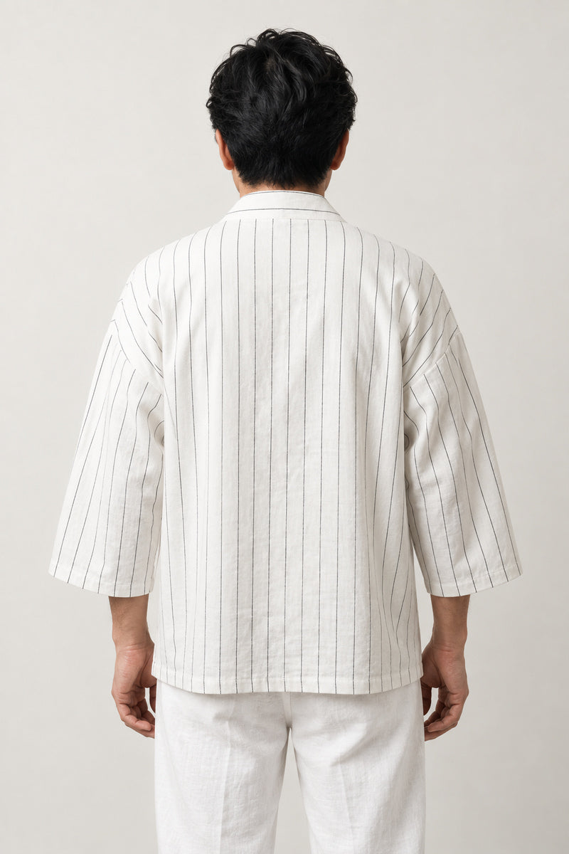 Off-White Striped Kimono Jacket 'Mansuji' – back view of off-white fine stripe kimono jacket