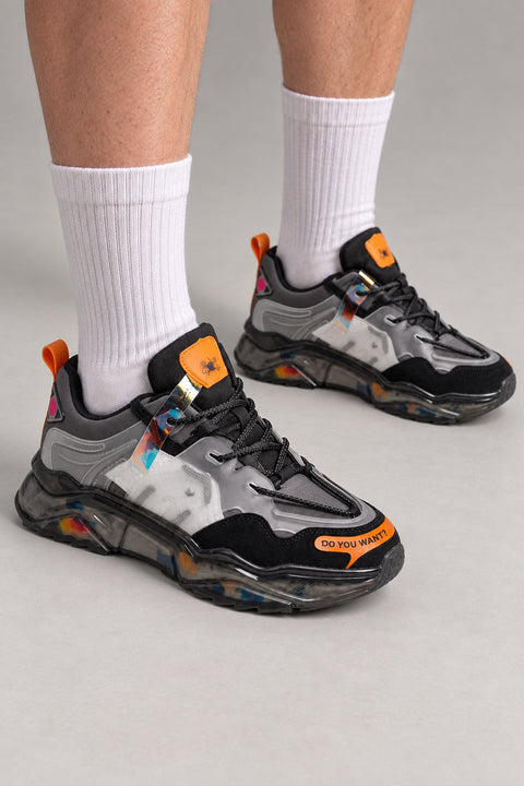 Orange Accent Tech Sneakers 'Daidai' – grey tech sneakers with clear marbled sole and orange tabs, Japanese streetwear sneakers worn with white socks, on model