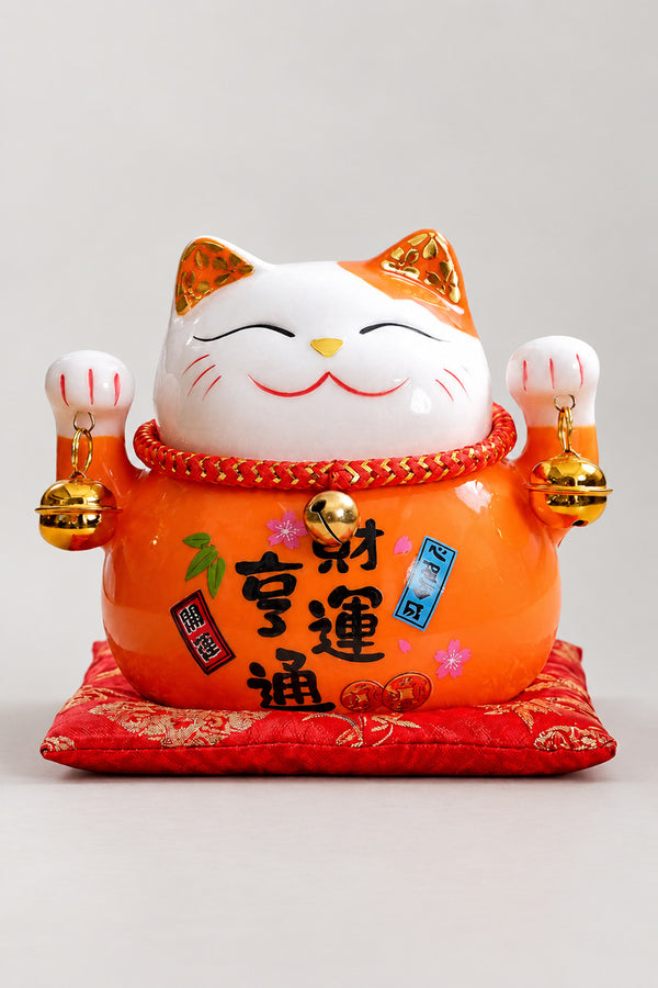 Orange Maneki Neko Figurine 'Daidaineko' – orange ceramic lucky cat with both paws raised and a brushed wish for money luck, Japanese maneki neko lucky cat figurine on a red brocade cushion, studio view