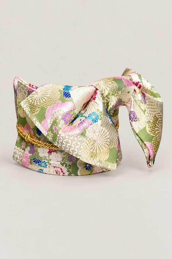Pastel Kimono Belt 'Hanazakari' – pastel pink, green and gold brocade obi with chrysanthemums and cherry blossom and gold cord, wide pre-tied brocade obi belt with sewn bow for women's kimono or yukata, studio view