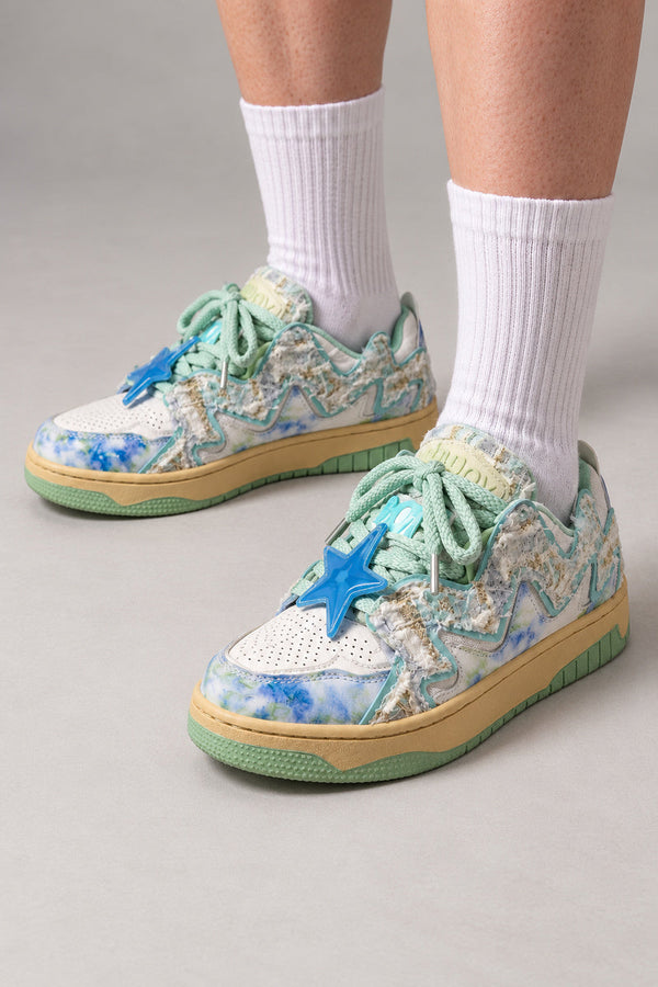 Pastel Tweed Low Top Sneakers 'Awaiiro' – mint green pastel tweed low top sneakers with star charm, Japanese streetwear sneakers worn with white socks, on model