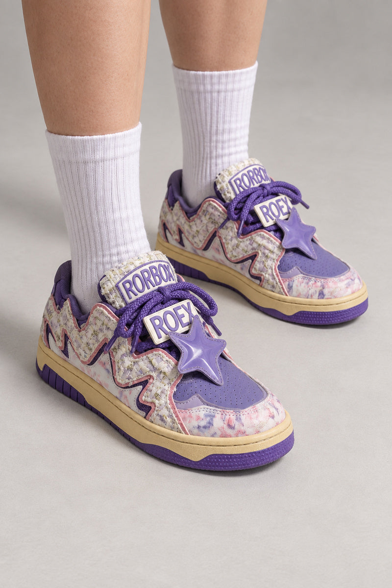Pastel Tweed Low Top Sneakers 'Awaiiro' – purple version of the pastel tweed low top sneakers, Japanese streetwear sneakers worn with white socks, on model