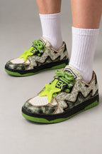 Pastel Tweed Low Top Sneakers 'Awaiiro' – green and black version of the tweed low top sneakers, Japanese streetwear sneakers worn with white socks, on model