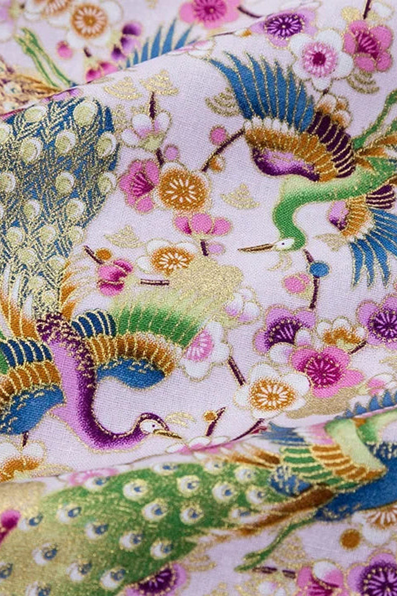 Peacock Blossom Furoshiki Cloth 'Kujakuen' – pale pink furoshiki printed with peacocks, plum blossom and gold, Japanese furoshiki wrapping cloth 50 by 145 cm, close-up of the print
