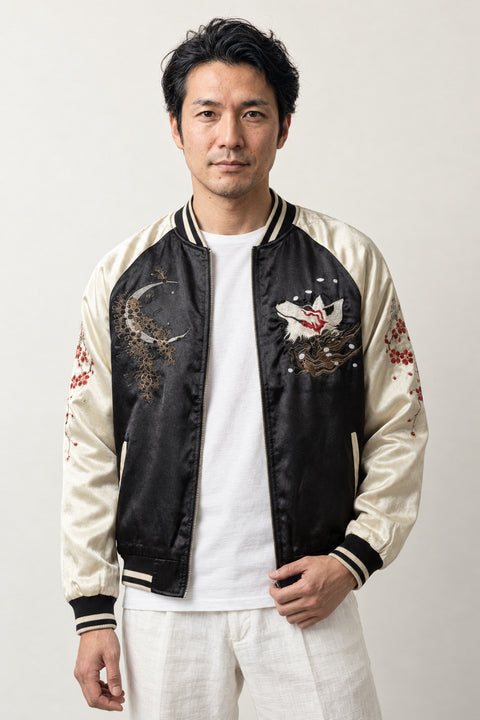 Peony and Bird Souvenir Jacket 'Kachoga' – black and cream sukajan with embroidered fox and peony, Japanese sukajan souvenir bomber jacket, front view on model