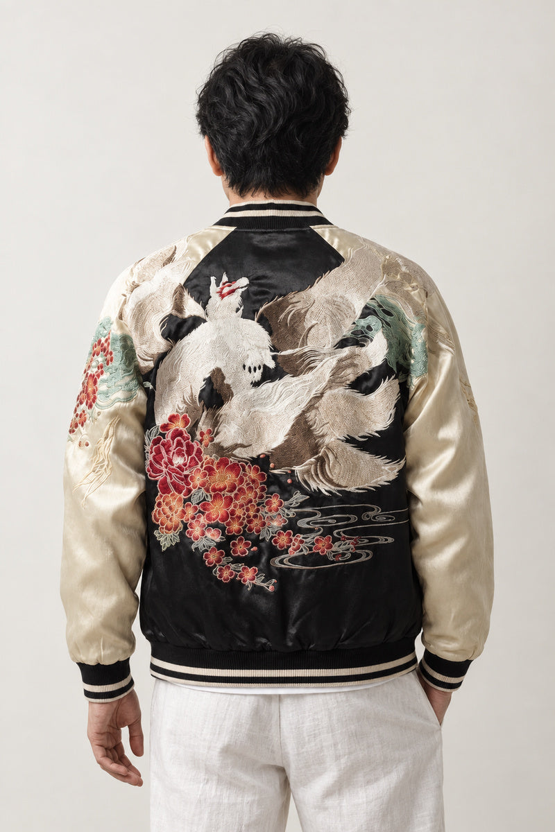 Peony and Bird Souvenir Jacket 'Kachoga' – back view of the black and cream version, embroidered nine-tailed fox and peonies on the back