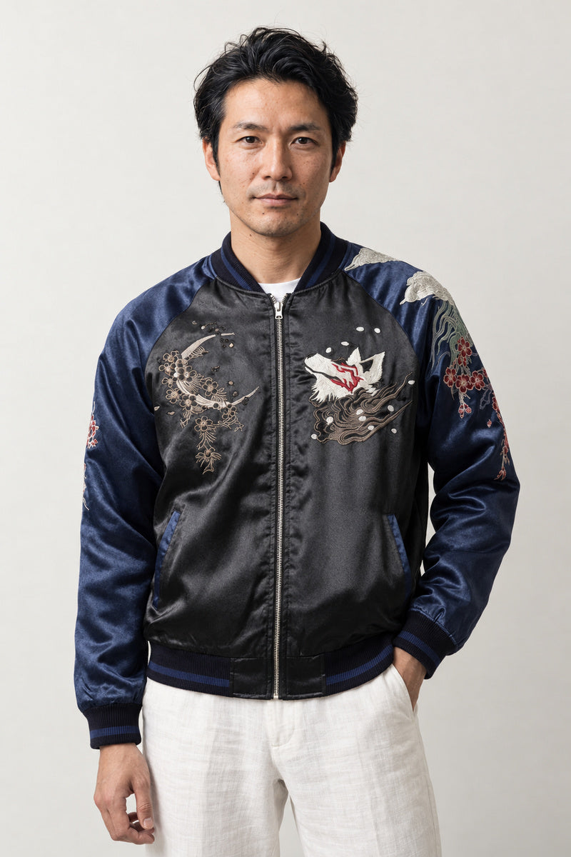 Peony and Bird Souvenir Jacket 'Kachoga' – black and navy version, sukajan with embroidered fox and peony, front view on model