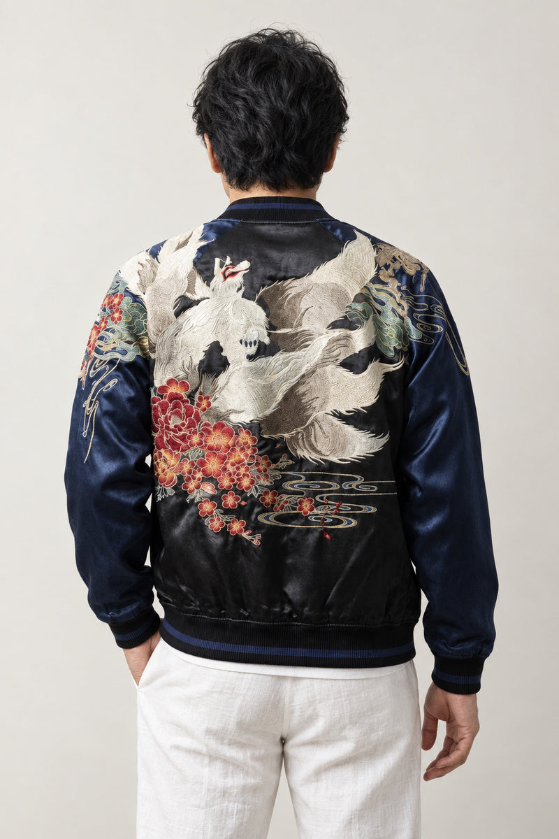 Peony and Bird Souvenir Jacket 'Kachoga' – back view of the black and navy version, embroidered fox and peony flowers on the back