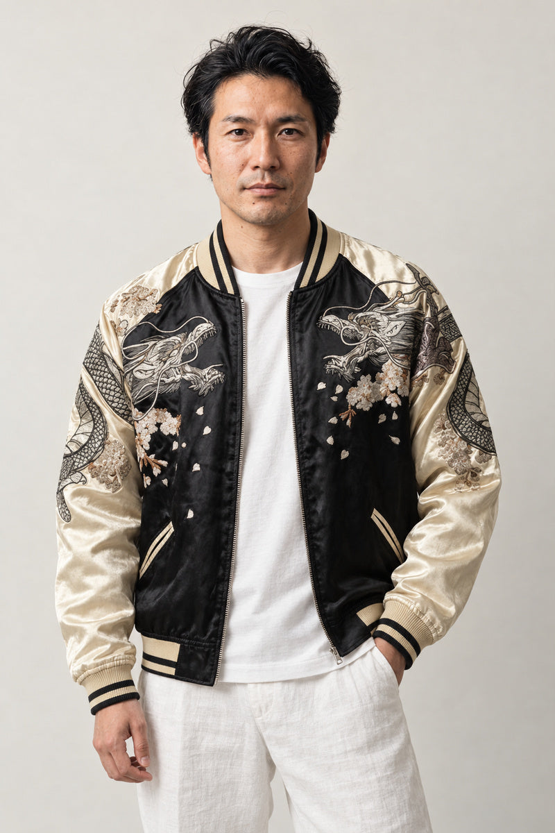 Phoenix and Moon Sukajan 'Tsukiakari' – black and cream sukajan with embroidered dragon and moon, Japanese sukajan souvenir bomber jacket, front view on model