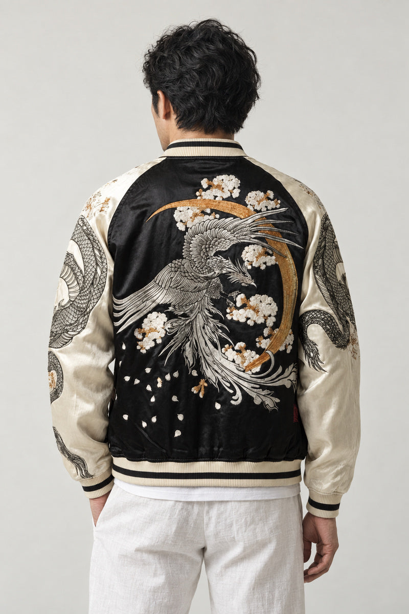 Phoenix and Moon Sukajan 'Tsukiakari' – back view of black and cream sukajan showing the embroidered phoenix, moon and blossom