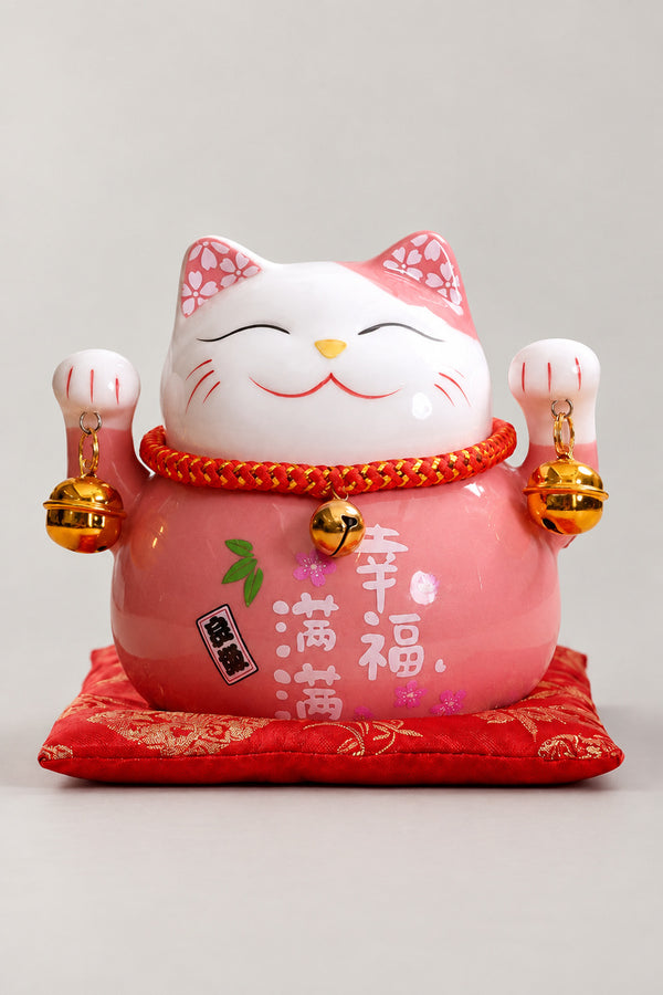 Pink Maneki Neko Money Box 'Momoneko' – pink ceramic lucky cat money box with both paws raised and a brushed wish for happiness, Japanese maneki neko lucky cat figurine on a red brocade cushion, studio view