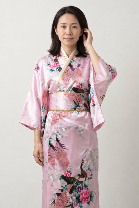 Pink Peacock Kimono Dress 'Usuzakura' – pale pink women's kimono dress with peacock and cherry blossom print and obi sash, long Japanese satin-look kimono robe, front view on model