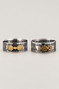 Pixiu Sutra Ring 'Hisho' – sterling silver band ring carved with clouds and set with a small gold winged lion, Japanese pixiu ring, studio view